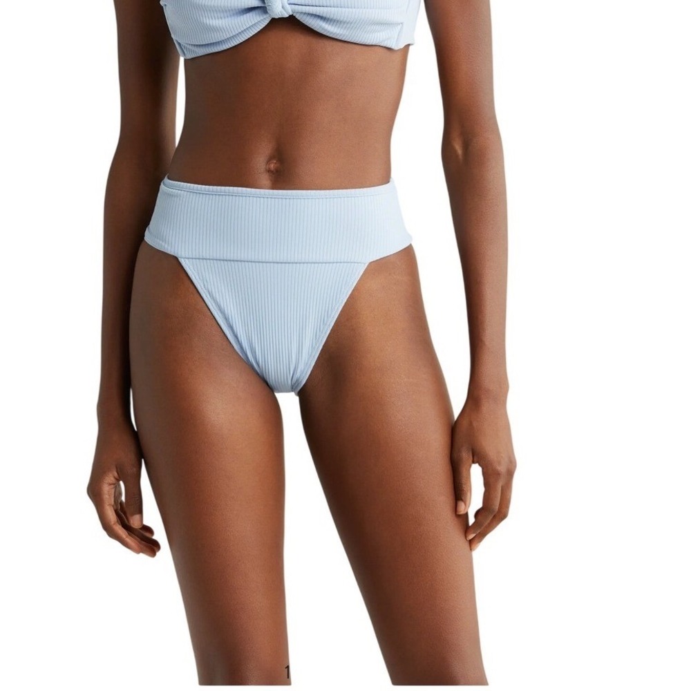 Montce Swim Women's Light Blue Ribbed High Waisted Ruched Bikini Bottoms Size M